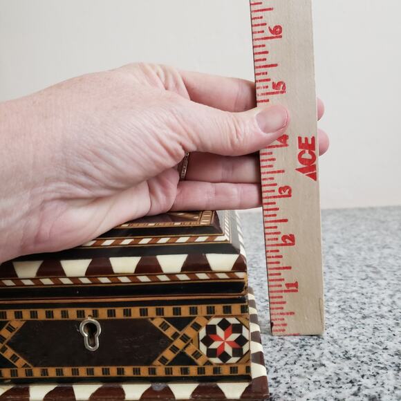 VTG Locking Wood Marquetry Handmade Jewelry Trinket‎ Box Intricate Inlaid w/ Key - Picture 15 of 16